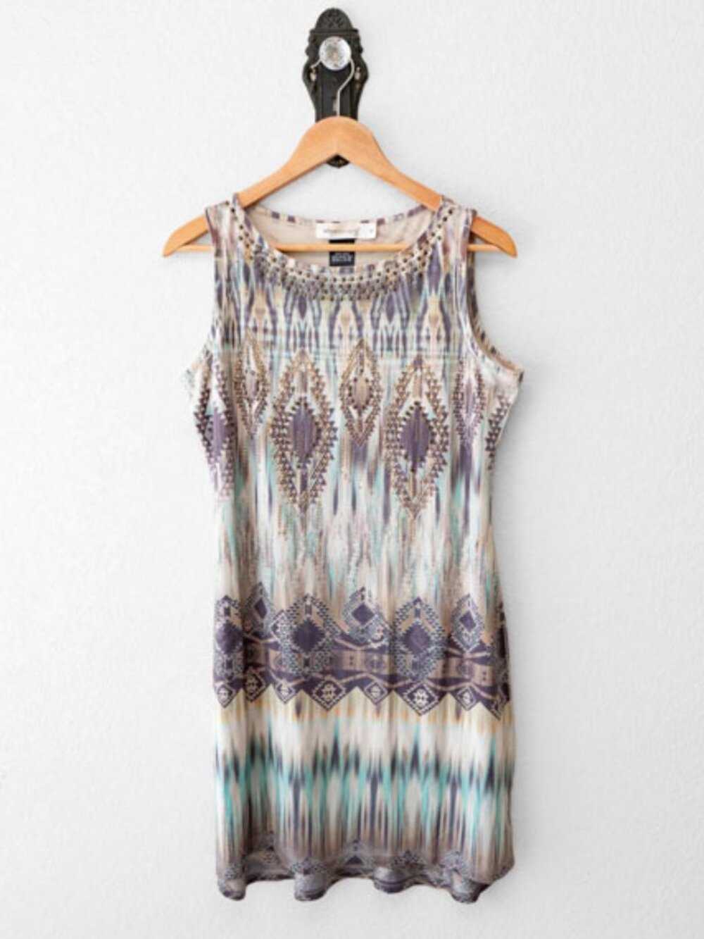 Urban Mangoz Studded Sleeveless Dress Boho Aztec Print Stretch Midi M
